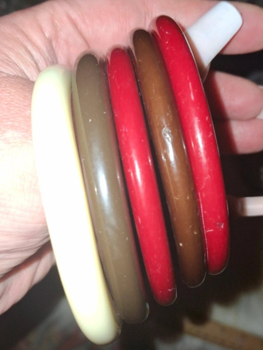 5 vintage acrylic bangle Stackable bracelets brown red cream